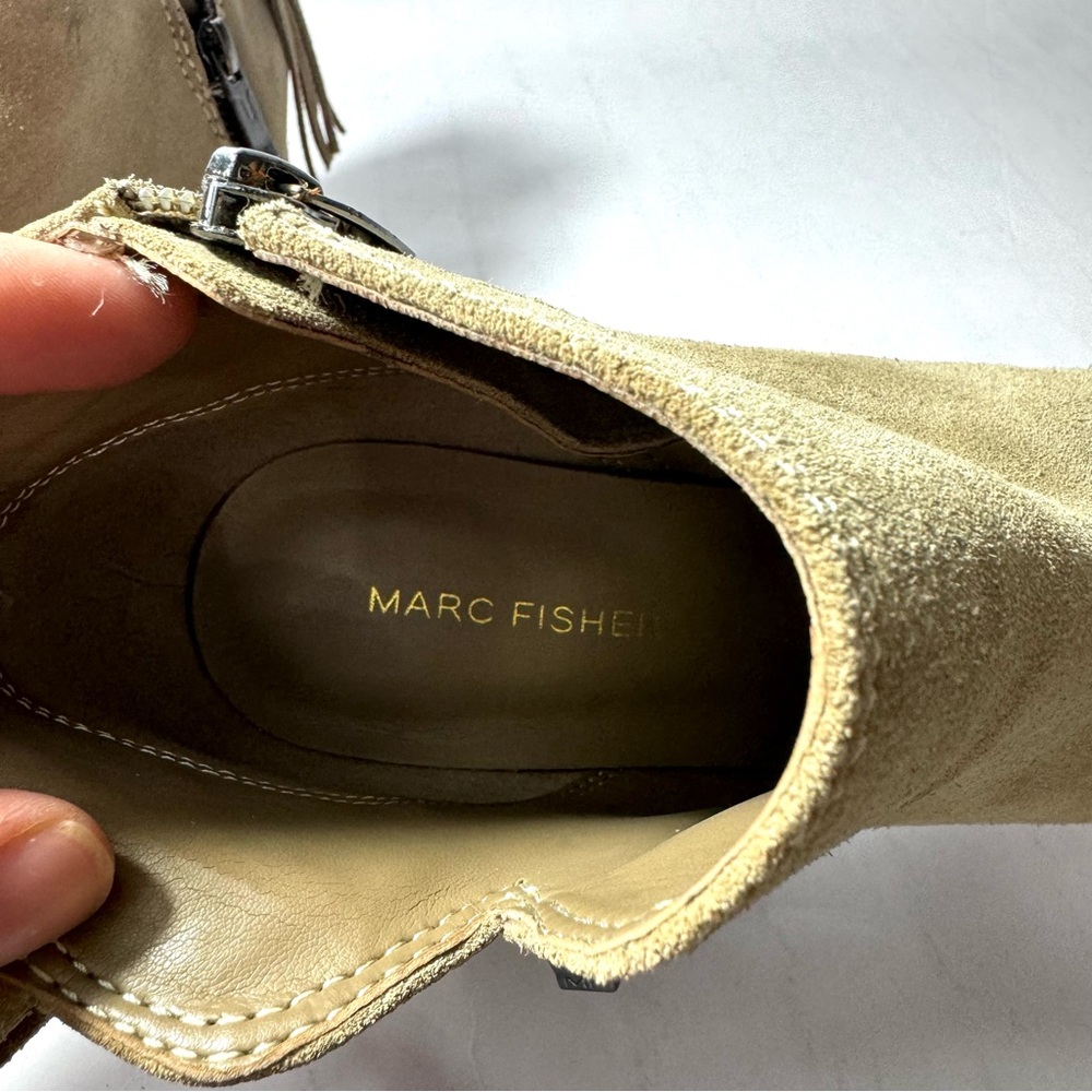 Women's Marc Fisher Taupe Suede Novice Peep Toe Ankle Bootie 8M Fringe Zipper - Picture 11 of 16